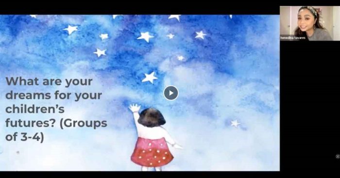 Woman presents slideshow over zoom, slide includes watercolor of girl reaching for stars