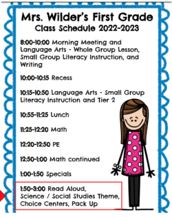„График на часовете за първи клас на г-жа Уайлдър 2022-2023 г.“