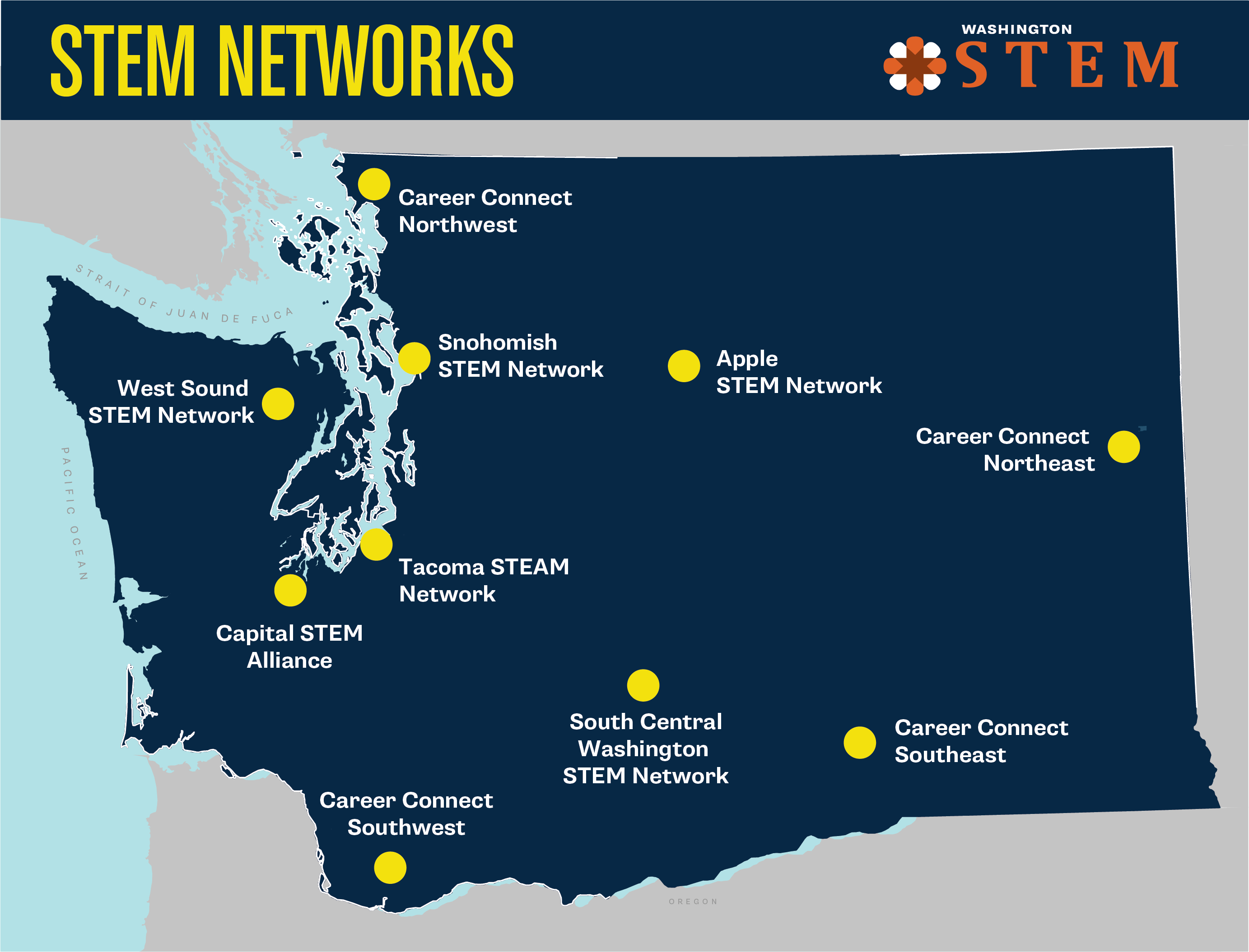 Kaart van de staat Washington in donkerblauw met gele stippen die netwerklocaties weergeven