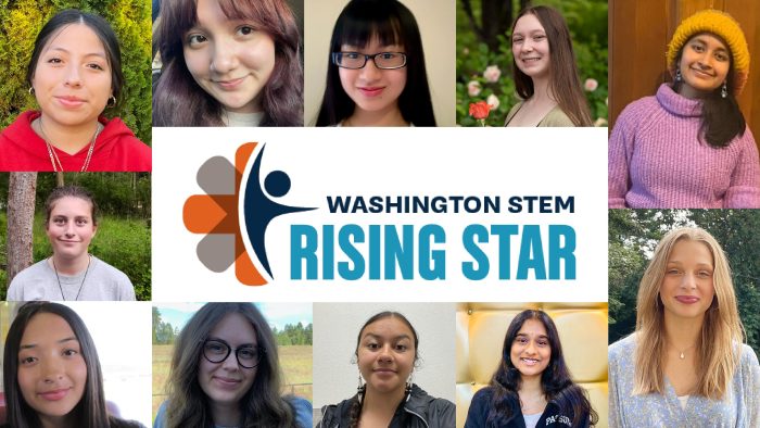 Collage of young women around a logo that reads "Washington STEM Rising Star"